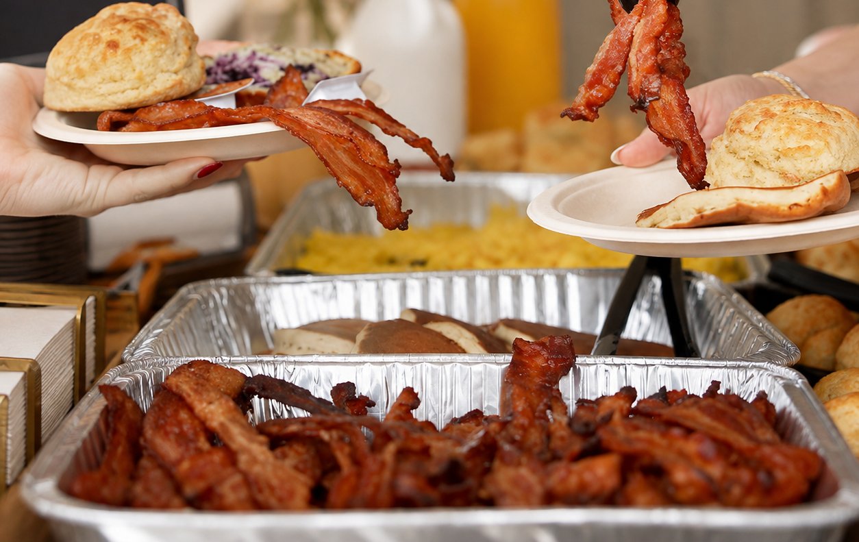 Guests being served bacon, biscuits and a full breakfast buffet spread at a Berry Fresh Cafe catered event