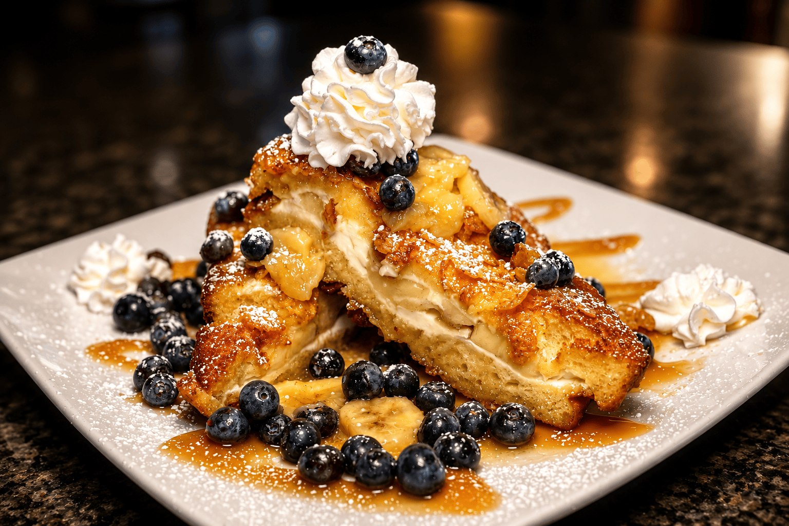 Loaded French toast with blueberries, whipped cream and caramel drizzle