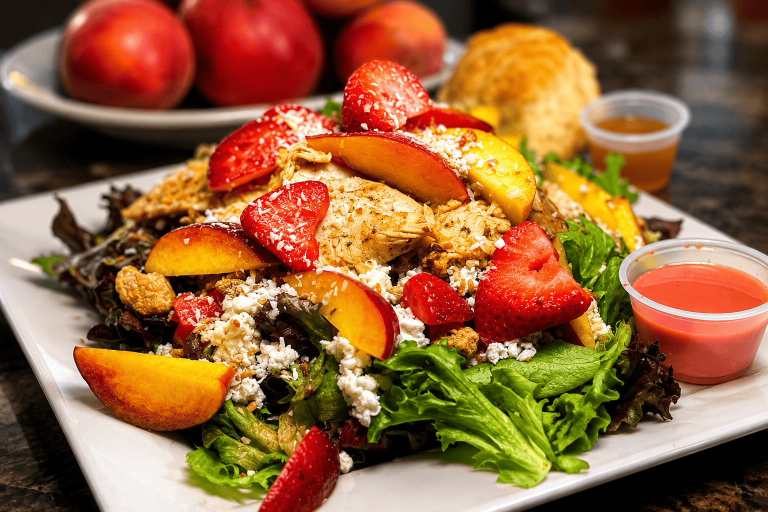 Grilled chicken salad with peaches, strawberries, feta and mixed greens