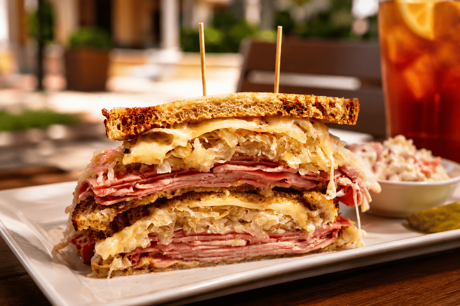 Grilled Reuben sandwich with corned beef, sauerkraut and Swiss, served with coleslaw and iced tea