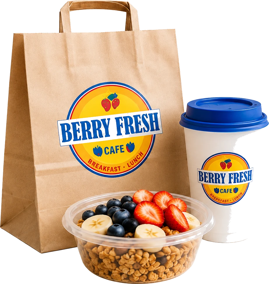 A Berry Fresh Cafe takeout bag, a branded coffee cup and an açaí bowl topped with strawberries, blueberries and banana