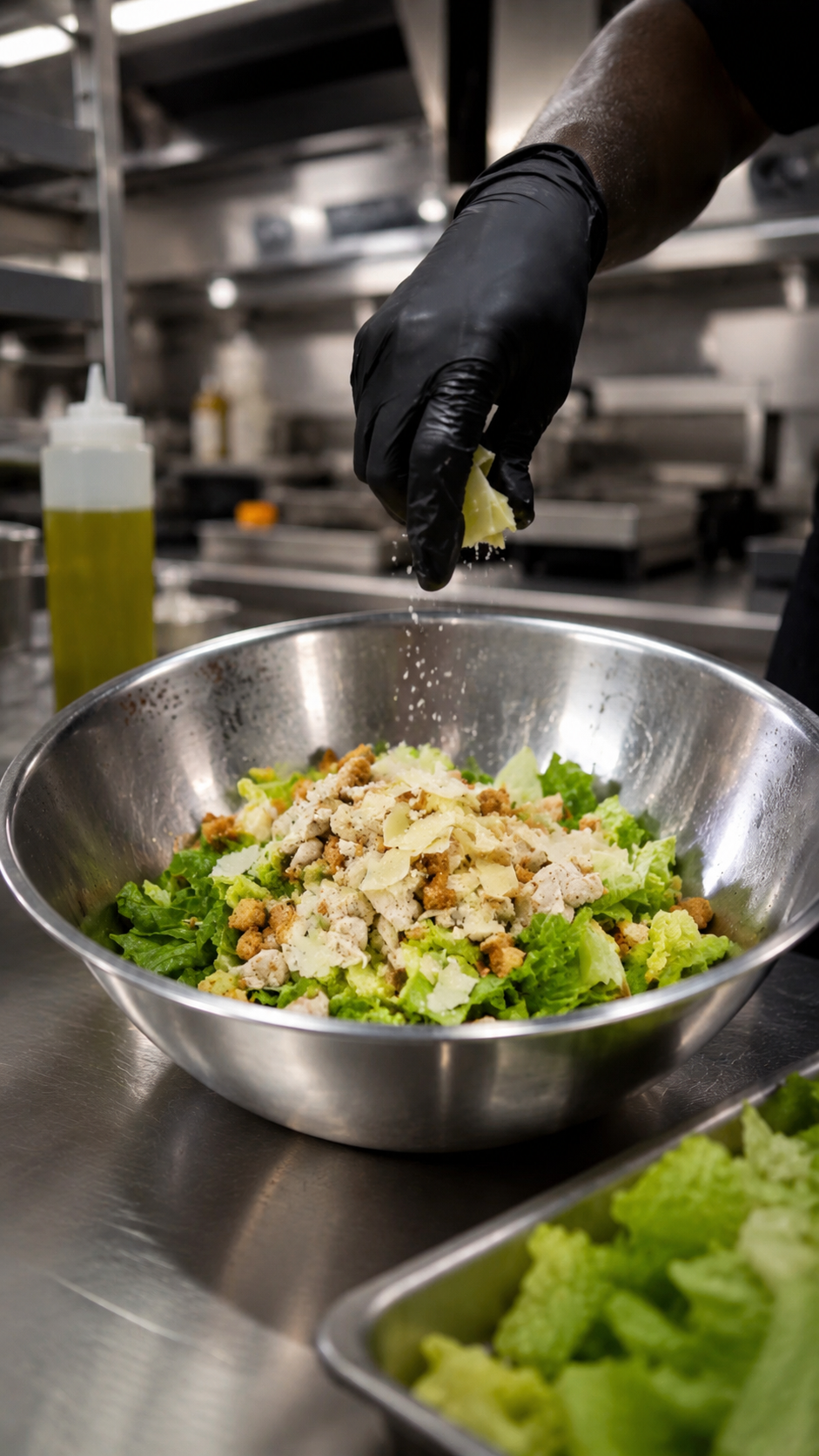 Kitchen crew finishing a Caesar salad with fresh parmesan in the Berry Fresh Cafe kitchen