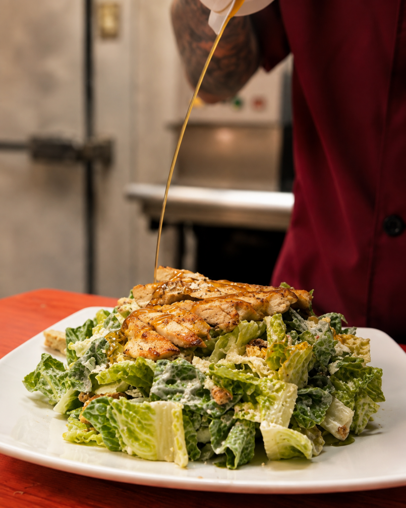 Hot Honey Chicken Caesar Wrap — hot honey drizzled over grilled chicken and Caesar salad