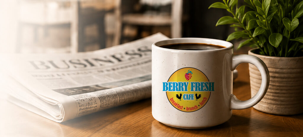 A Berry Fresh Cafe branded coffee mug on a wooden table next to a folded newspaper