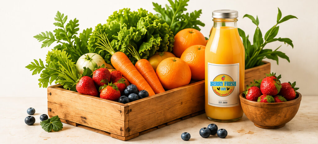 A wooden crate of fresh greens, strawberries, blueberries, carrots and oranges beside a bottle of Berry Fresh Cafe orange juice