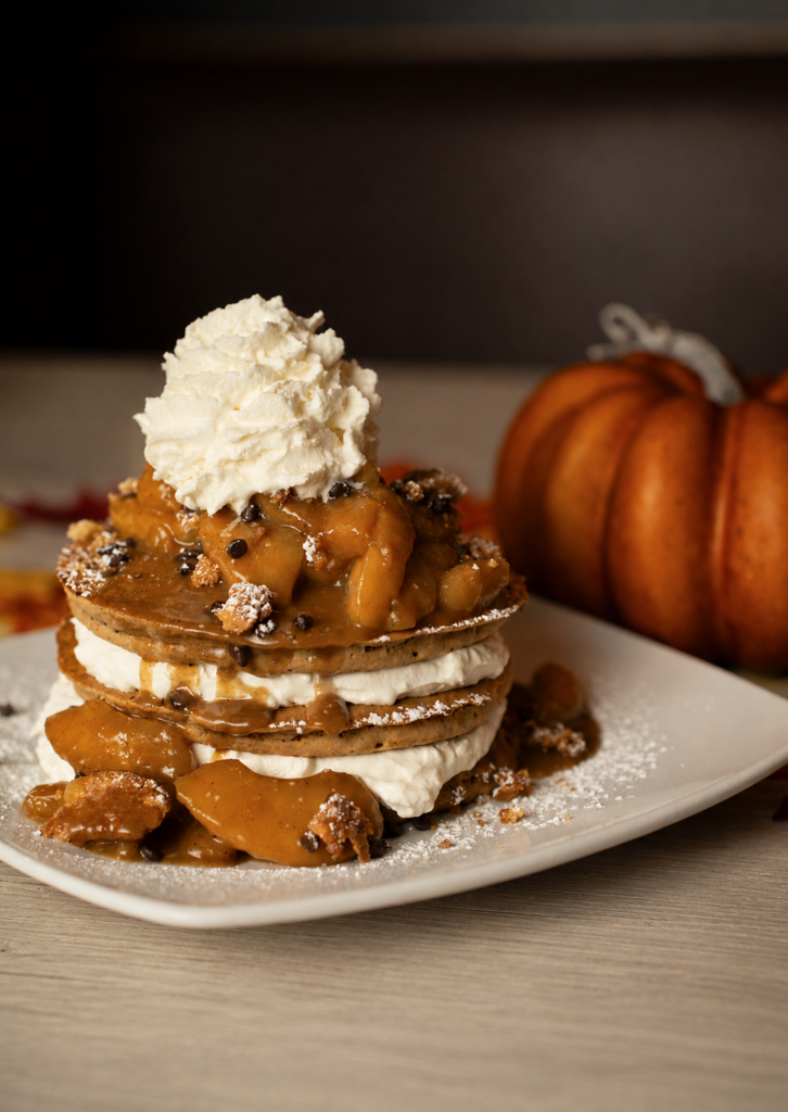 Apple cobbler chocolate chip pumpkin pancake stack available at Berry Fresh Cafe